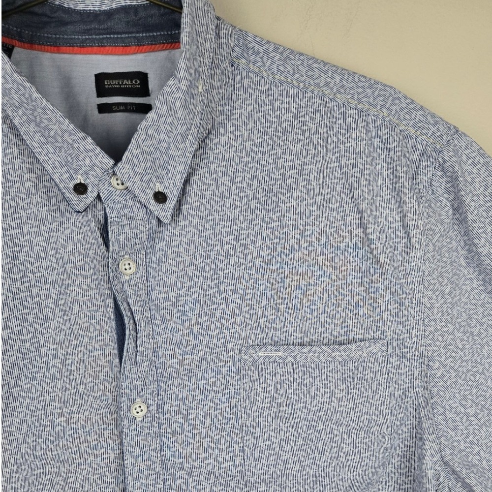 Buffalo David Bitton Mens XXL Slim Fit Short Sleeve Button Down Shirt Blue White